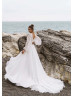 Long Sleeves Ivory Lace Chiffon Boho Beach Slit Wedding Dress